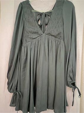 Mustard Seed Sage Green Long Sleeve Smocked Mini Dress